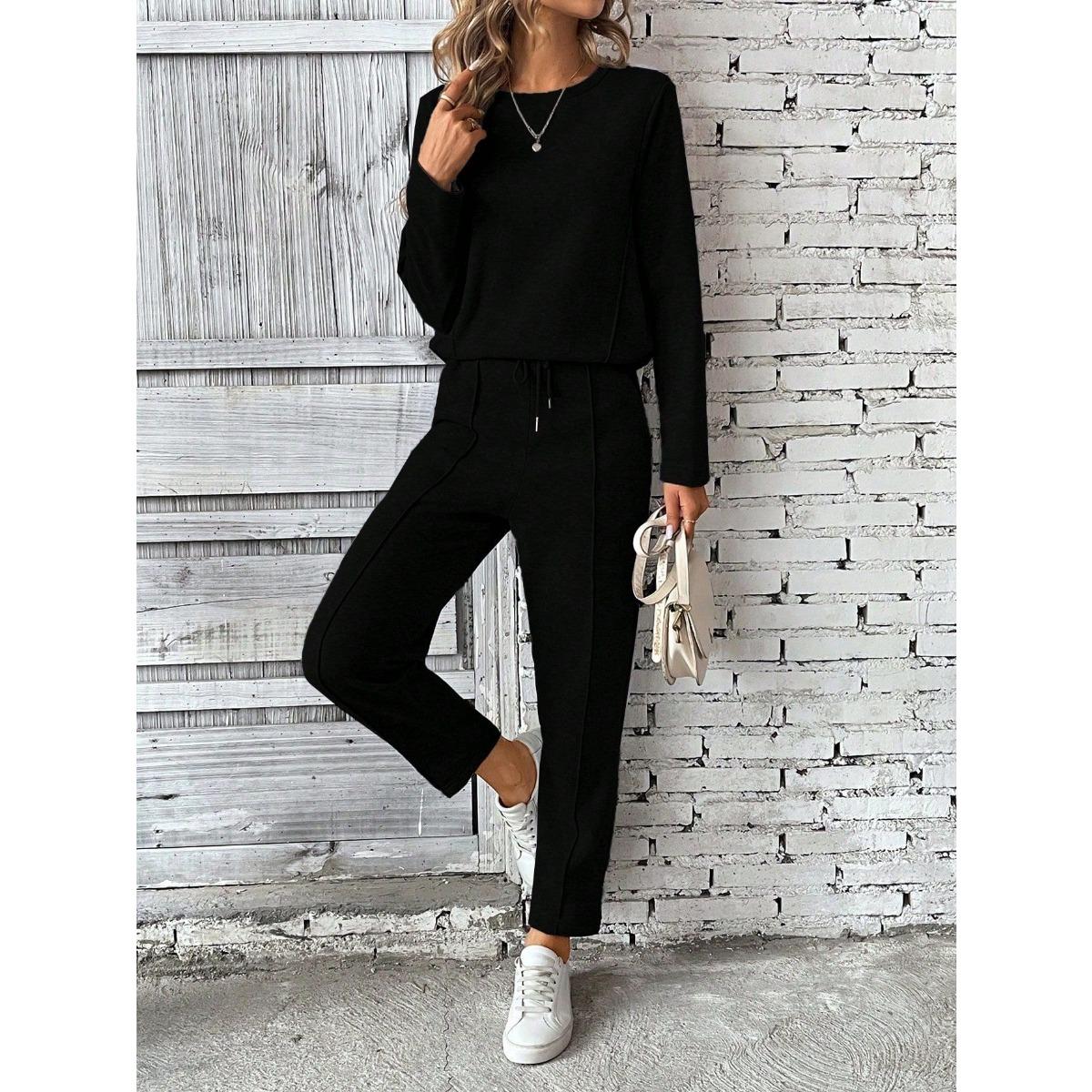 

Жіночий повсякденний модний однотонний спортивний костюм на шнурку - З довгим рукавом, круглим вирізом, поліестер, для весняно-осіннього носіння, повсякденний одяг|Круглий виріз XS чорний