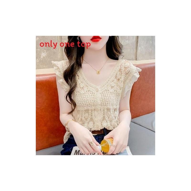 No Ip Included Knit Top For Women With Hollow Out Design And Princess Sleeves For Summer Fashion