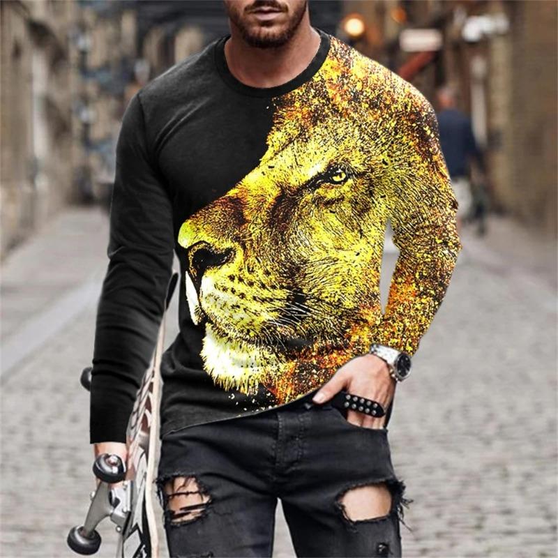 Funny 3D Lion Printed Long Sleeve T-shirt Fashion Animal Pattern Men's Tops Casual O-neck Oversized Pullover Autumn Men Clothing