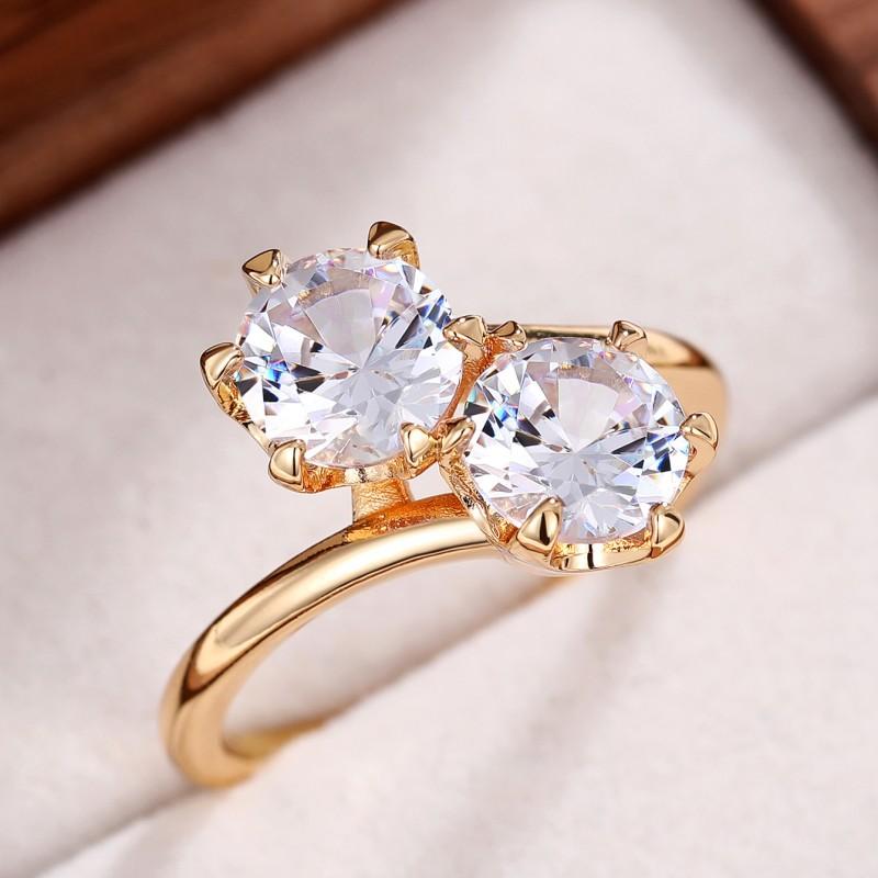 Huitan New Wedding Rings with Two Cubic Zirconia Gold Color Band Luxury Trendy Women Accessory Party Engagement Proposal Jewelry