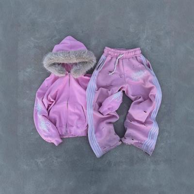 Pink Hooded Zip-Up Sweatshirt Set Women Men Unisex Streetwear Loose Fit Long Sleeve Tracksuit