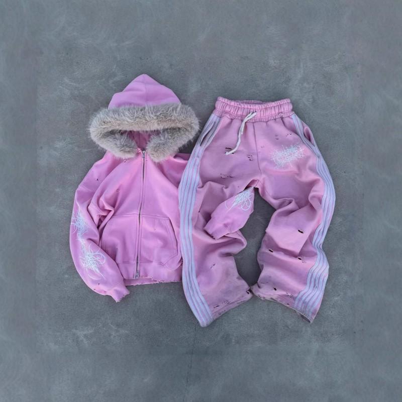 Pink Hooded Zip-Up Sweatshirt Set Women Men Unisex Streetwear Loose Fit Long Sleeve Tracksuit
