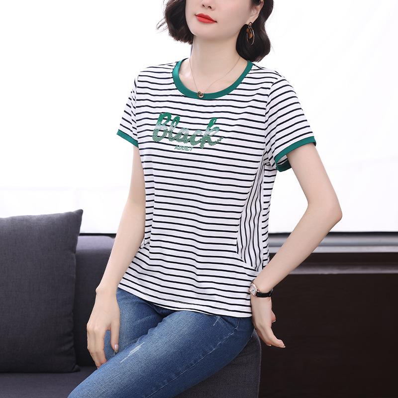 Modal Striped Short-sleeved Women's T-shirt Loose Summer Half-sleeved Blouse Middle-aged Letter Embroidery Thin Short-sleeved