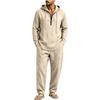 Men's Linen Hooded Half Zip Long Sleeve Top and Elastic Waist Pants Set, Breathable Casual Loungewear