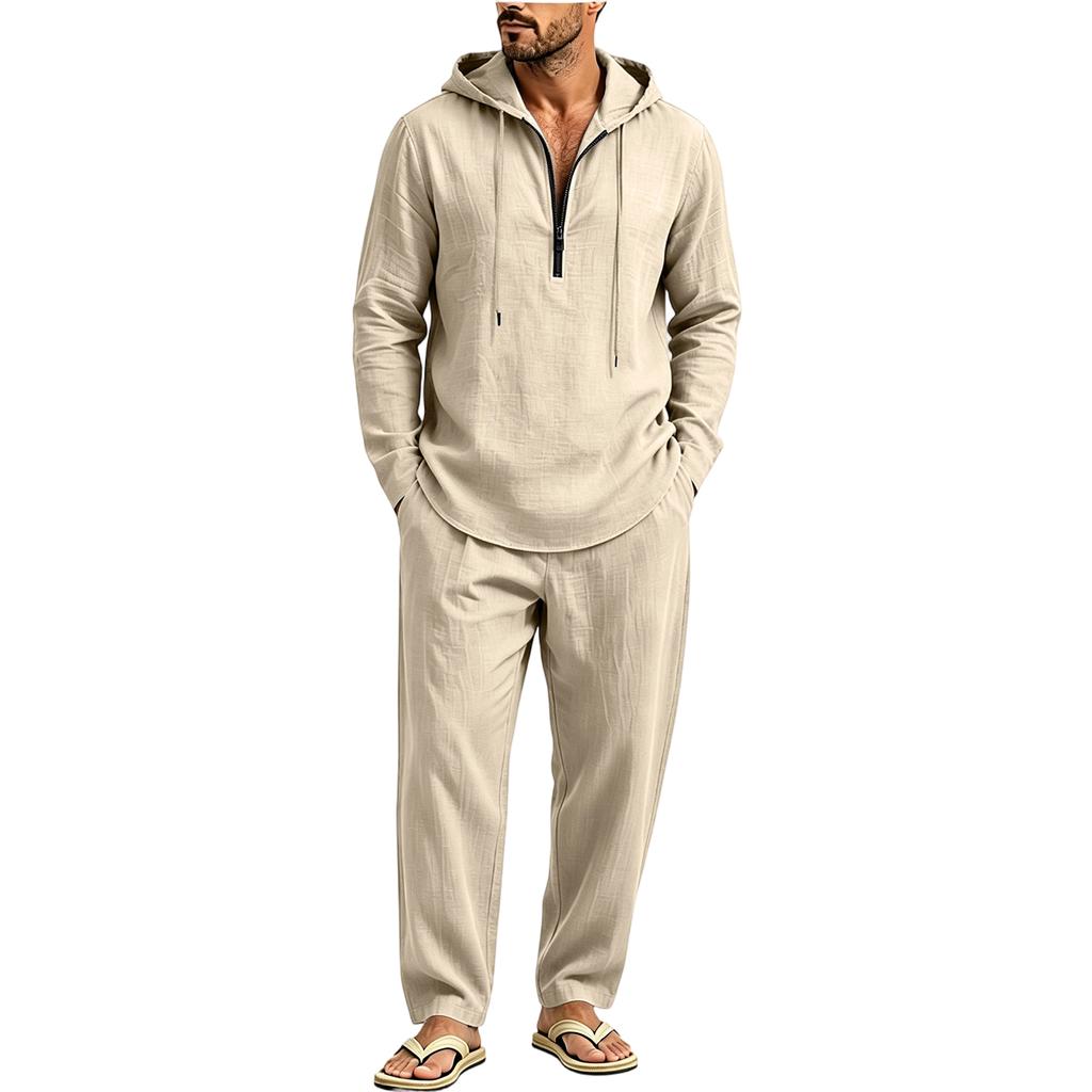 Men's Linen Hooded Half Zip Long Sleeve Top and Elastic Waist Pants Set, Breathable Casual Loungewear
