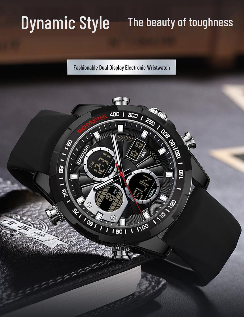 Sanda Dual Display Men's Multifunctional Sports Watch with Silicone Strap and Waterproof Feature