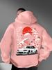 Men'S Casual Japanese-Inspired Mountain & Car Graphic Hoodie - Long Sleeve Pullover with Red Sun, Cherry Blossoms