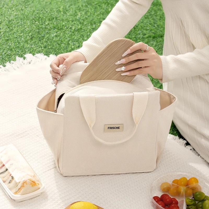 Corduroy Lunch Bag, Handheld Insulated Bag, Portable Lunch Box, Kids Multifunctional Storage Tote Bag, Camping Picnic Bag