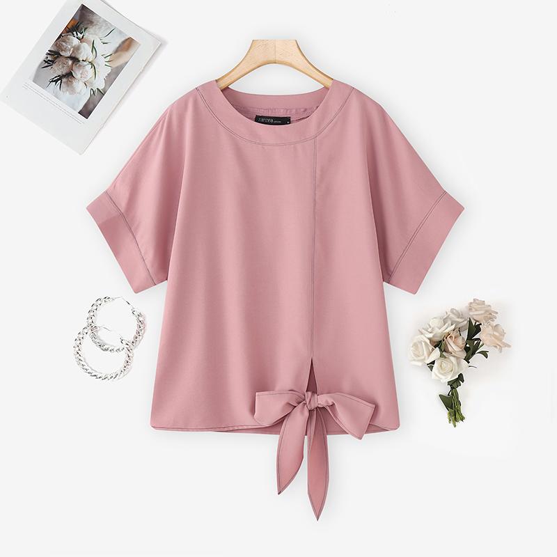 

ZANZEA Женская повседневная летняя блузка с круглым вырезом и коротким рукавом S розовый