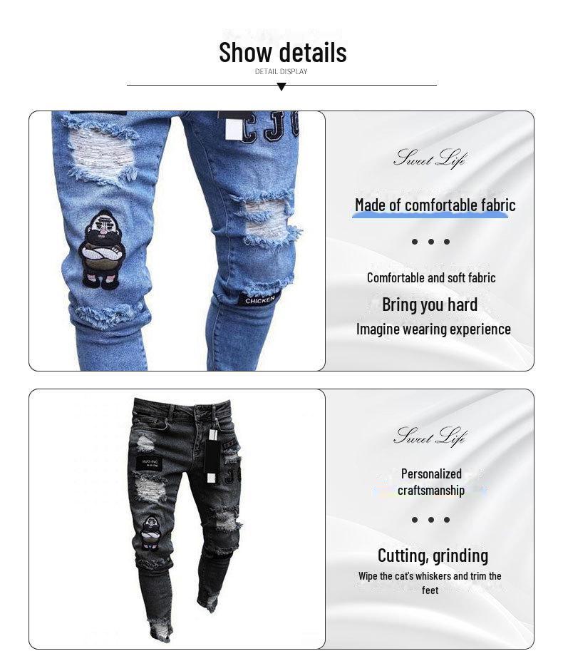 European and American Trendy Hip-Hop Ripped Badged Skinny Jeans for Men