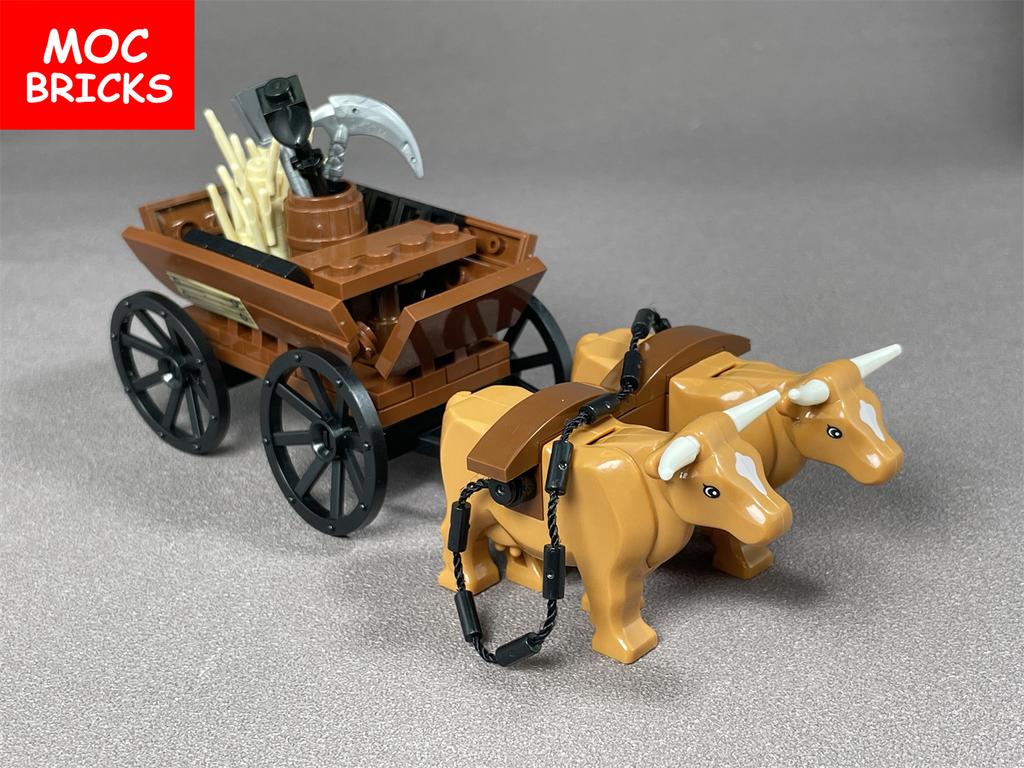 Set  MOC Bricks Cow Cattle Cart Oxen Town Farm House Assembled Building Blocks Accessories Children's Toys