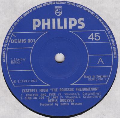 Płyta 7-calowa DEMIS ROUSSOS - Fragmenty z "The Roussos Phenomen DEMIS001 Philips 1976 UK Pop Używana
