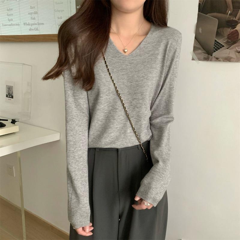 Autumn Winter V-neck Solid Color Simple All-match Bottomed Knitting Top Women Long Sleeve Casual Pullover Sweater