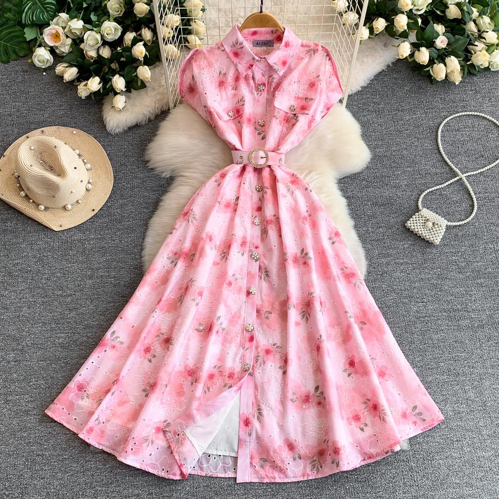 Gentle Pink Green and Yellow Embroidered Print Drop-Shoulder Shirt Dress for Women Summer Button-Down Belt Slim Midi Dress