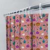 Halloween-Themed Shower Curtain Featuring Pumpkins, Brooms, Spiders, And Witches Hats In Pink Background With Colorful Patterns