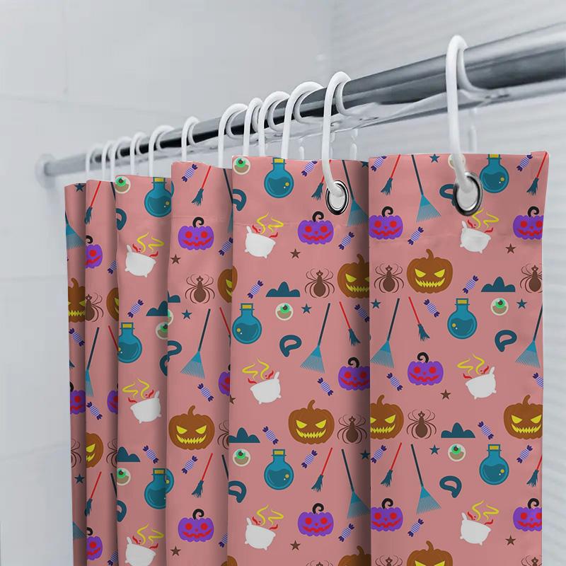 Halloween-Themed Shower Curtain Featuring Pumpkins, Brooms, Spiders, And Witches Hats In Pink Background With Colorful Patterns