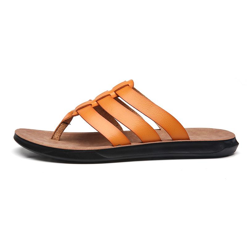 

Summer Open toe Beach Slippers Men s Leather Flip Flops Comfortable Cushion Walking Sandals Slip On Indoor Outdoor slippers 38 жёлтый