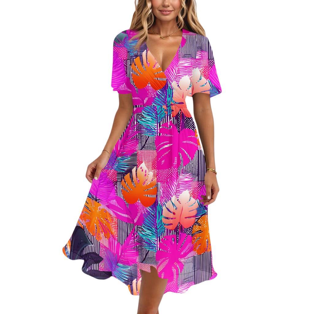 Vestido Casual de Mujer con Cuello en V de Manga Corta, Estampado Floral Vintage, Largo hasta la Rodilla, Ligero para Verano, con Falda Acampanada y Corte Relajado