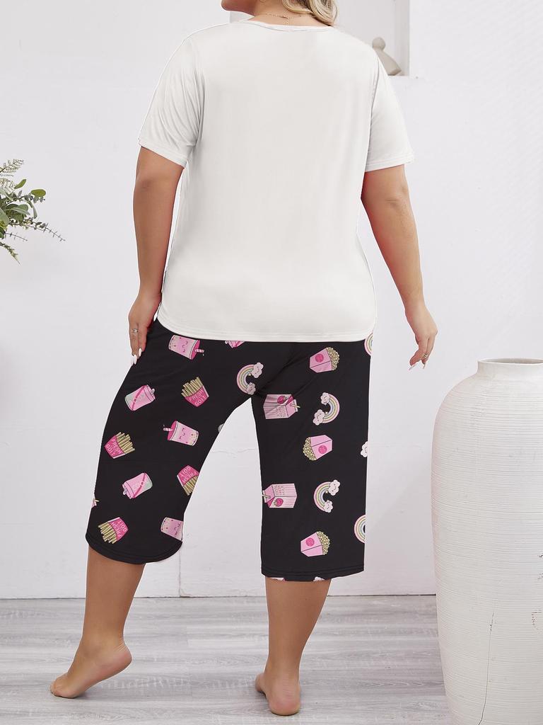 Summer Love Print Pajama Set: Short Sleeve Top & Seven-Point Pants, Plus Size