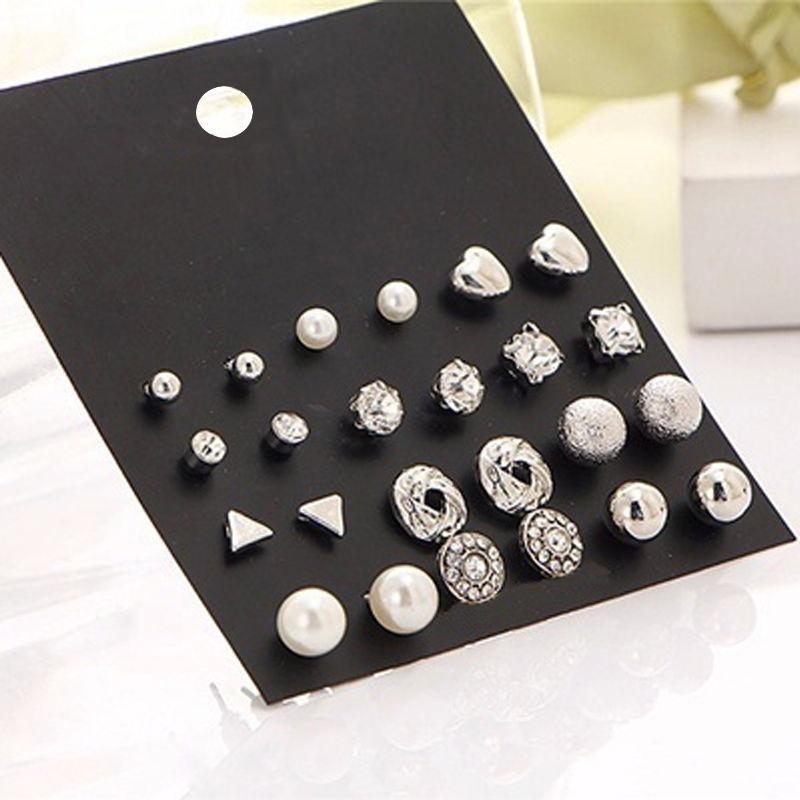 12 Pcs/Set Crystal Alloy Round Ball Gold Color Stud Earrings Vintage Silver Color Simulated Pearl Earring Set for Women