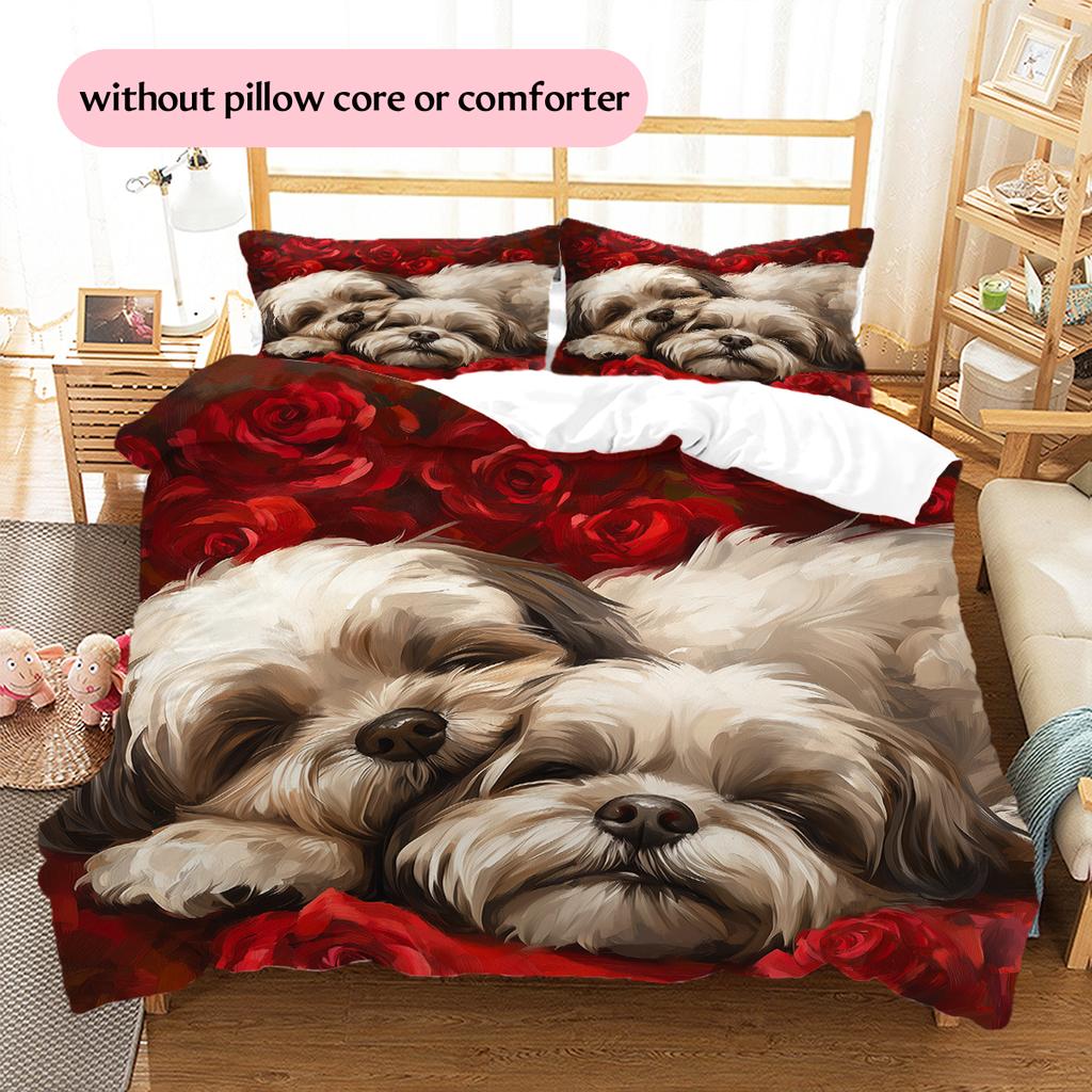 Shih Tzu and Flowers Pattern Bedding Home Decoration Birthday Gift (1 * Duvet Cover + 2 * Pillowcase, Without Core)