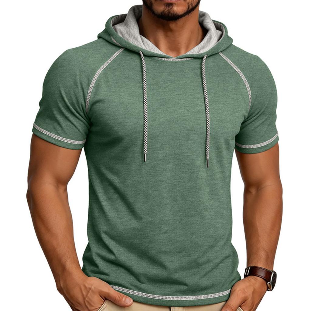Camiseta de Manga Corta con Capucha para Hombre Casual Pullover Ligera Manga Raglán Sudadera con Cordón Ajuste Atlético Top de Verano