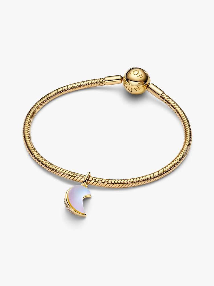 Pandora Sparkling Crescent Moon Dangle Charm – 14k Gold Plated & Iridescent Moonstone Crystal – 764275C01