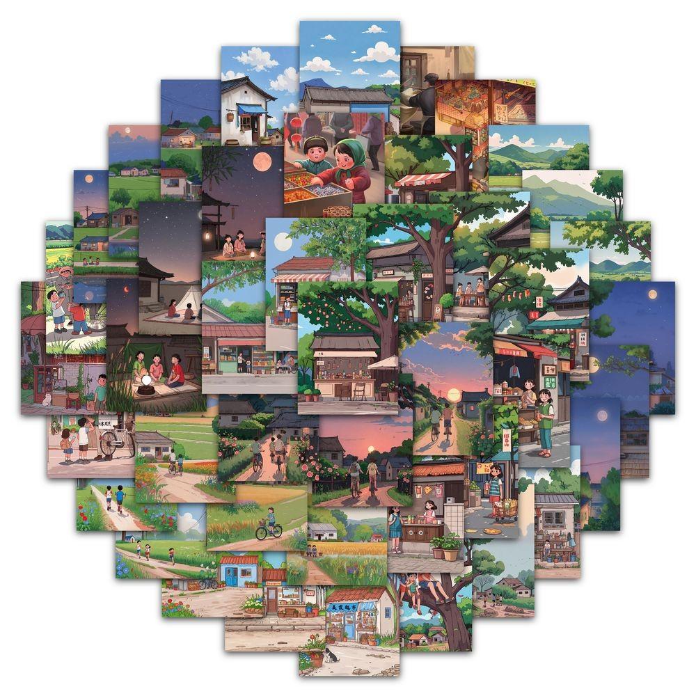 60PCS Cartoon The Beautiful Scenery of My Hometown During Childhood Graffiti Stickers for Bicycle Hand Account Pencil Case