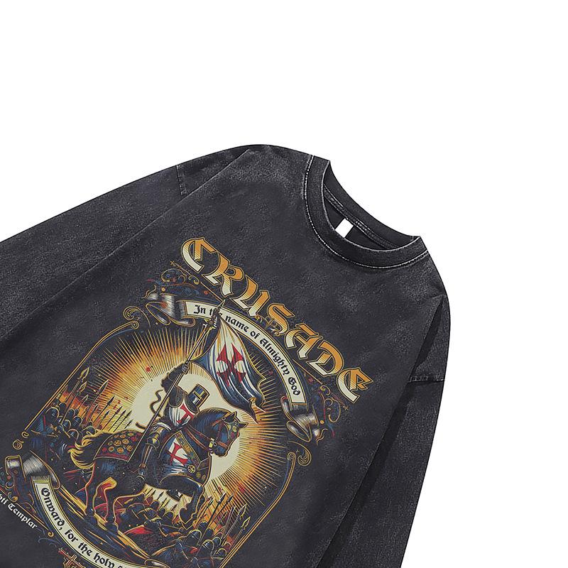 Cotton Washed Old Long-Sleeved T-Shirt High Street Retro Digital Direct Injection Printing Bottoming Shirt Top Men