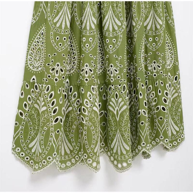 Printed Hollow Out Sling Women Dress Elegant Green Sleeveless Backless High Waist Dresses Female Summer Lady Beach Robe