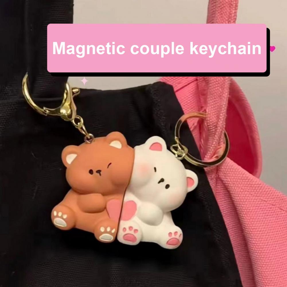 Love Bear Keychain Cartoon Bear Hug Theme Magnetic Keychain Set for Couples Resin Material Bag Decoration Birthday Gift Idea