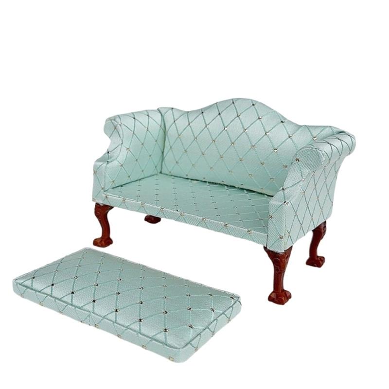 Miniature Pink Quilted Armchair Wooden Doll Furniture 1/12 Scale For Living Room Scene Accessories