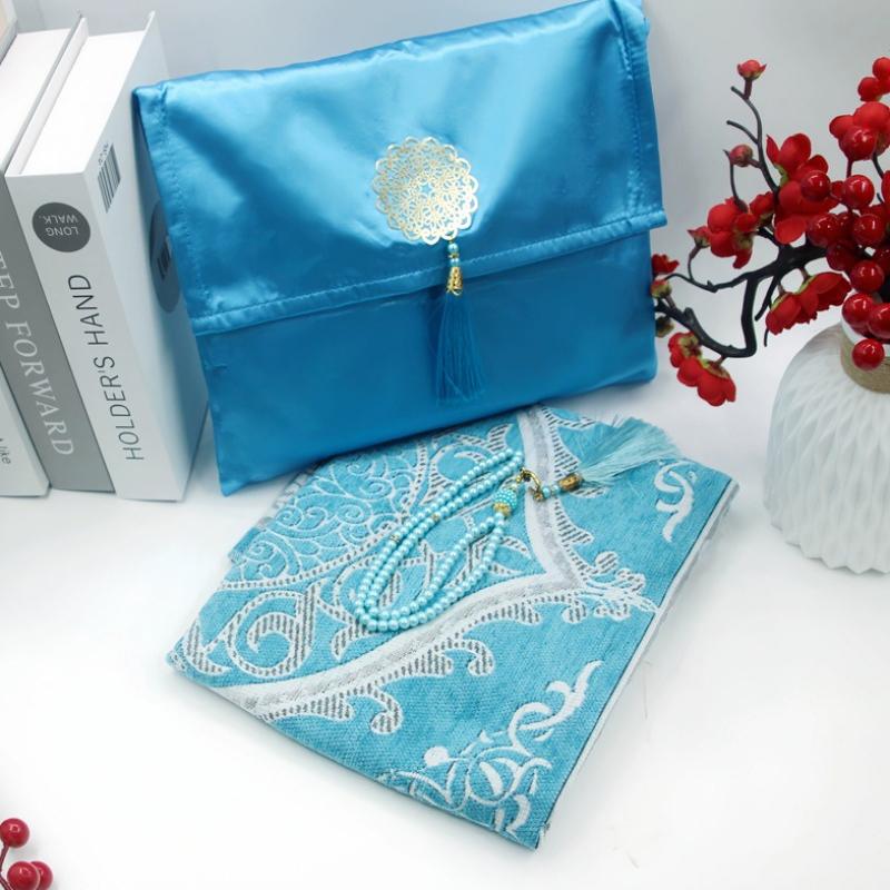 Fashionable Polyester Prayer Rug Portable Braided Mats Simply Print Muslim with Compass In Pouch Travel Mat