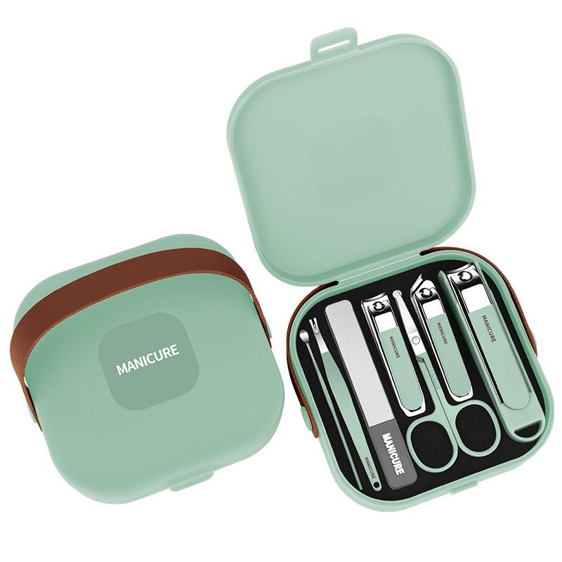 Matcha Green Nail Care Set: Anti-Splash Clippers, High-Grade Nail Tweezers, Eyebrow Tweezers, and Nose Hair Trimmer.