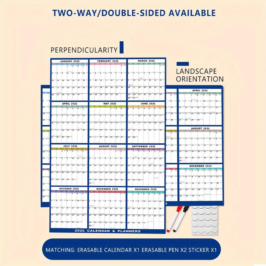 Velký nástěnný kalendář 2026, 24 x 36 palců, 12měsíční roční nástěnný kalendář, Oboustranný stíratelný kalendář, Plánovač rozvrhu pro kancelář