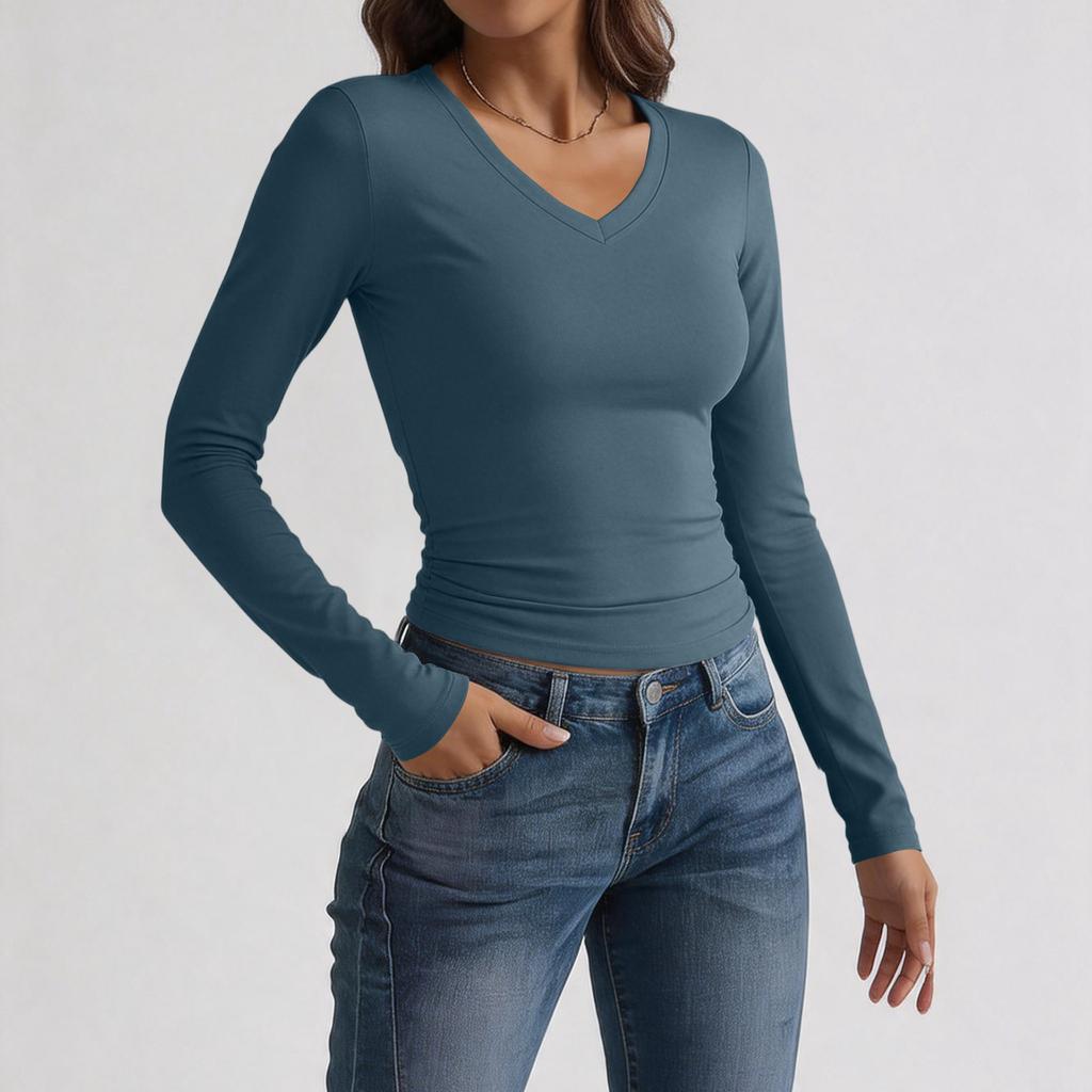 Women's Slim Fit V Neck Long Sleeve T Shirt Stretchy Milk Silk Fabric Soft Texture Basic Layering Top