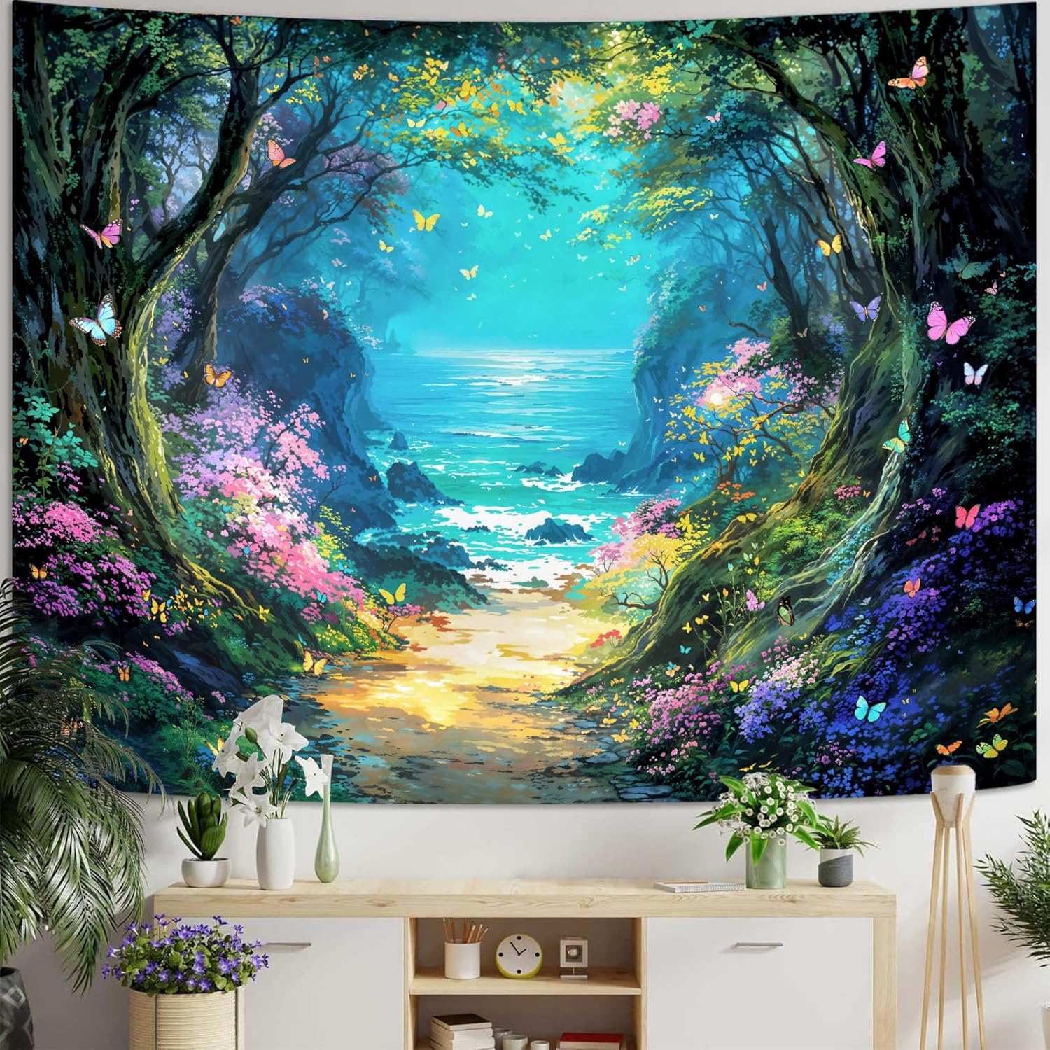 Lifeella Fantasy Landscape Tapestry, Butterfly Seascape Wall Decor, Aesthetic Forest Nature Art for Bedroom Living Room, 36x48 Inches 100X70CM