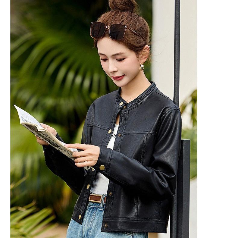 New small stand-up collar simple wind locomotive suit leather jacket short jacket women's autumn and winter loose casual PU fashion versatile