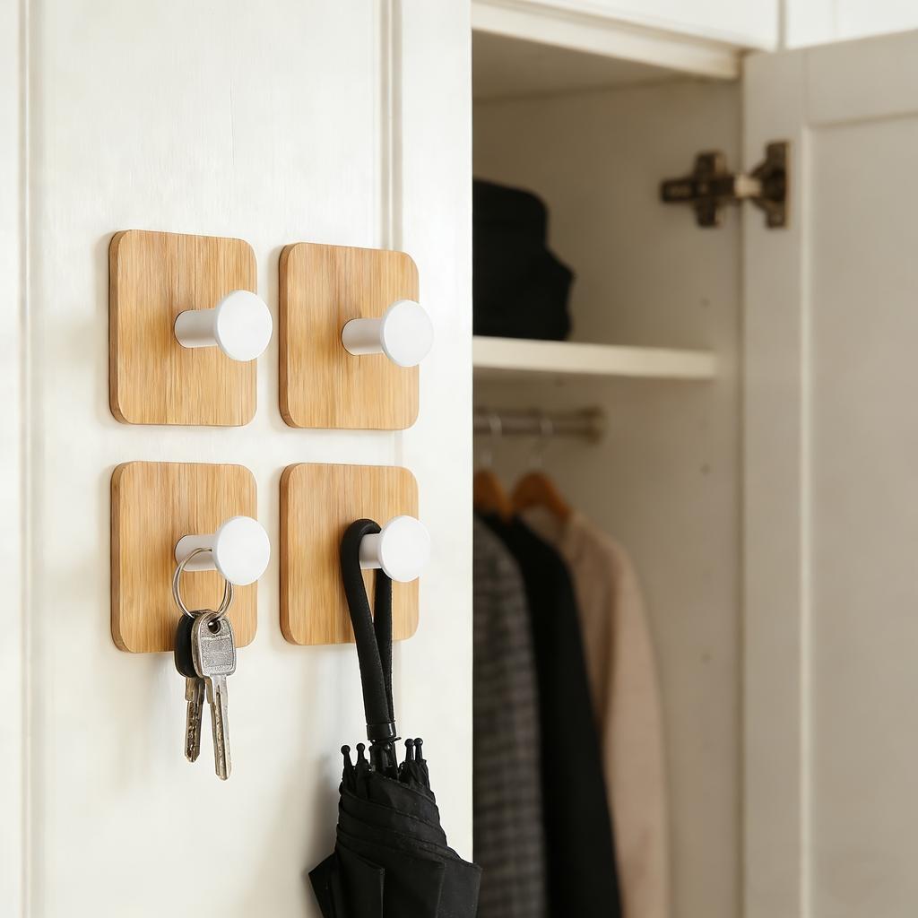 1 Pc Bamboo Wood Wall Hook - Adhesive Hanger for Clothes, Keys & Kitchen Gadgets, Home & Bathroom Organizer