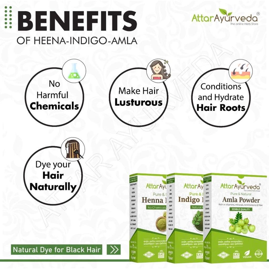Attar Ayurveda Henna ,Indigo, Amla Hair Powder Combo 650g Natural Hair Coloring Treatment