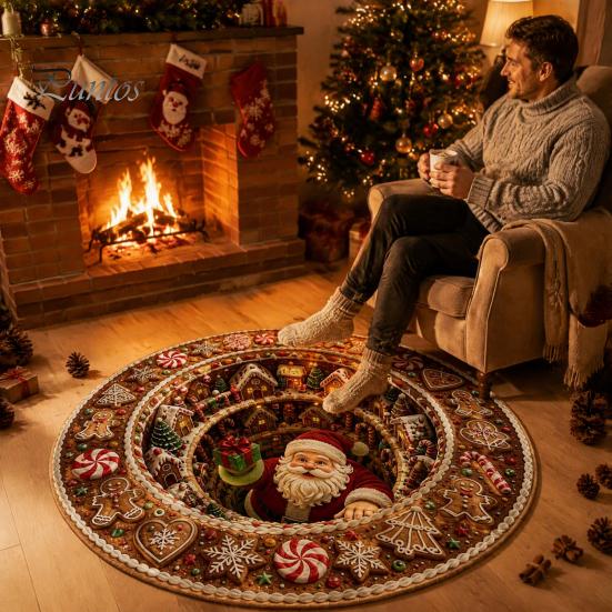 Winter Welcome Mat 3D Christmas Round Rug, Optical Illusion Area Santa Claus Deep Hole Festive Indoor Floor Prints, Non-slip Rug for Entrance