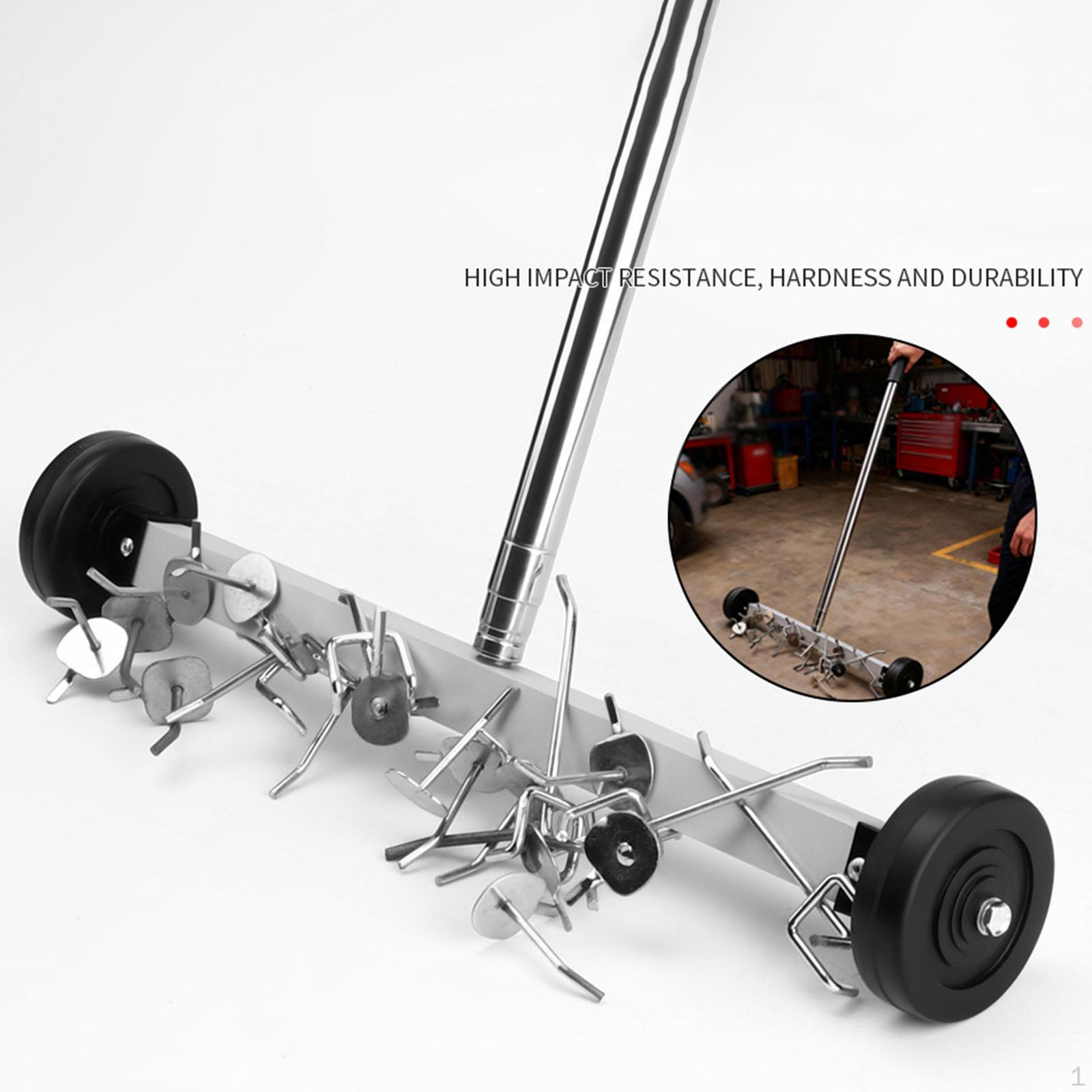 Portable Pick up Sweeper with Wheels, Metal Debris Collector, Telescopic Handle Screws Parts