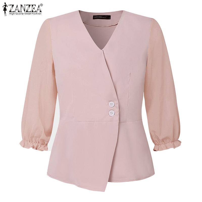 ZANZEA Lässige Bluse mit V-Ausschnitt und langen Ärmeln für Damen in Volltonfarbe