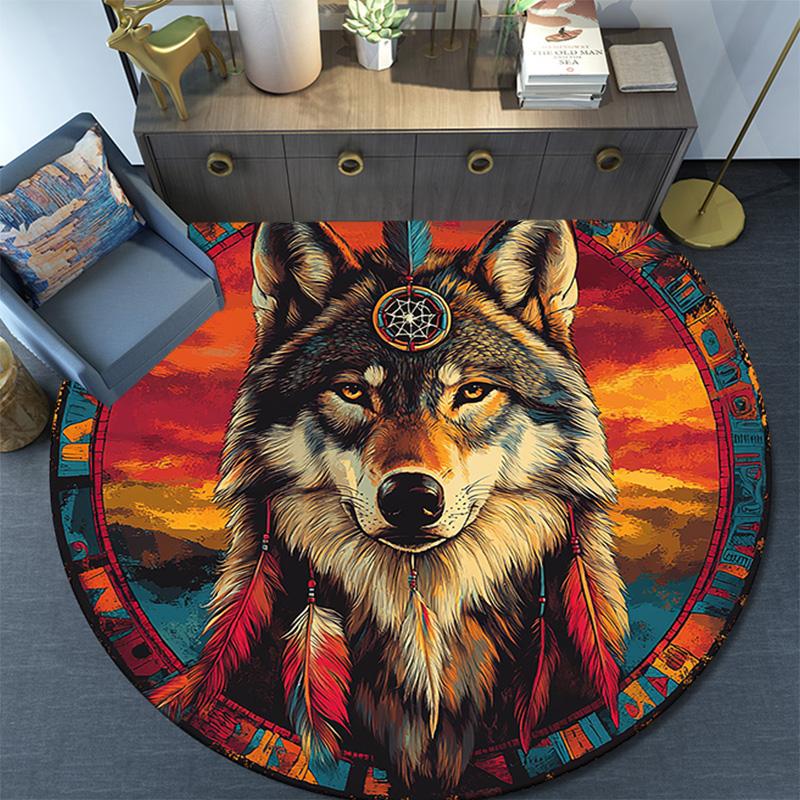 Wolfsgeist Runder Teppich, Teppich für Wohnzimmer Schlafzimmer Sofa Spielzimmer Dekor, Rutschfeste Bodenmatte