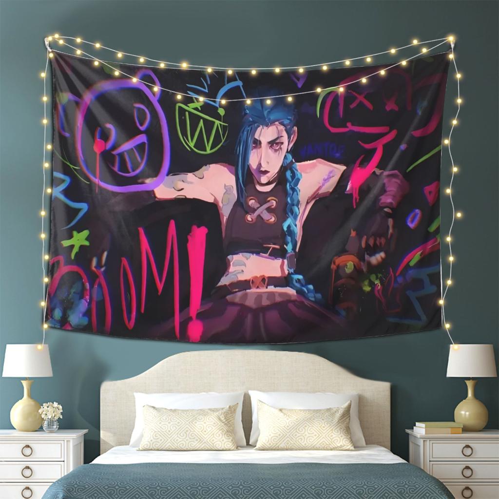 Vivid anime character tapestry  celebrating fantasy art with colorful graffiti and bold design  perfect for home decoration