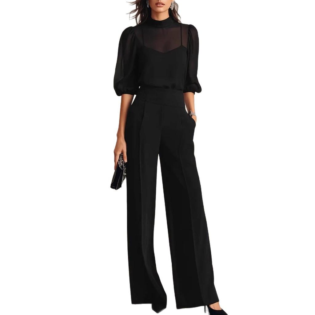 Summer Bamboo Leaf Print Chiffon Blouse And Wideleg Pants Set For Women
