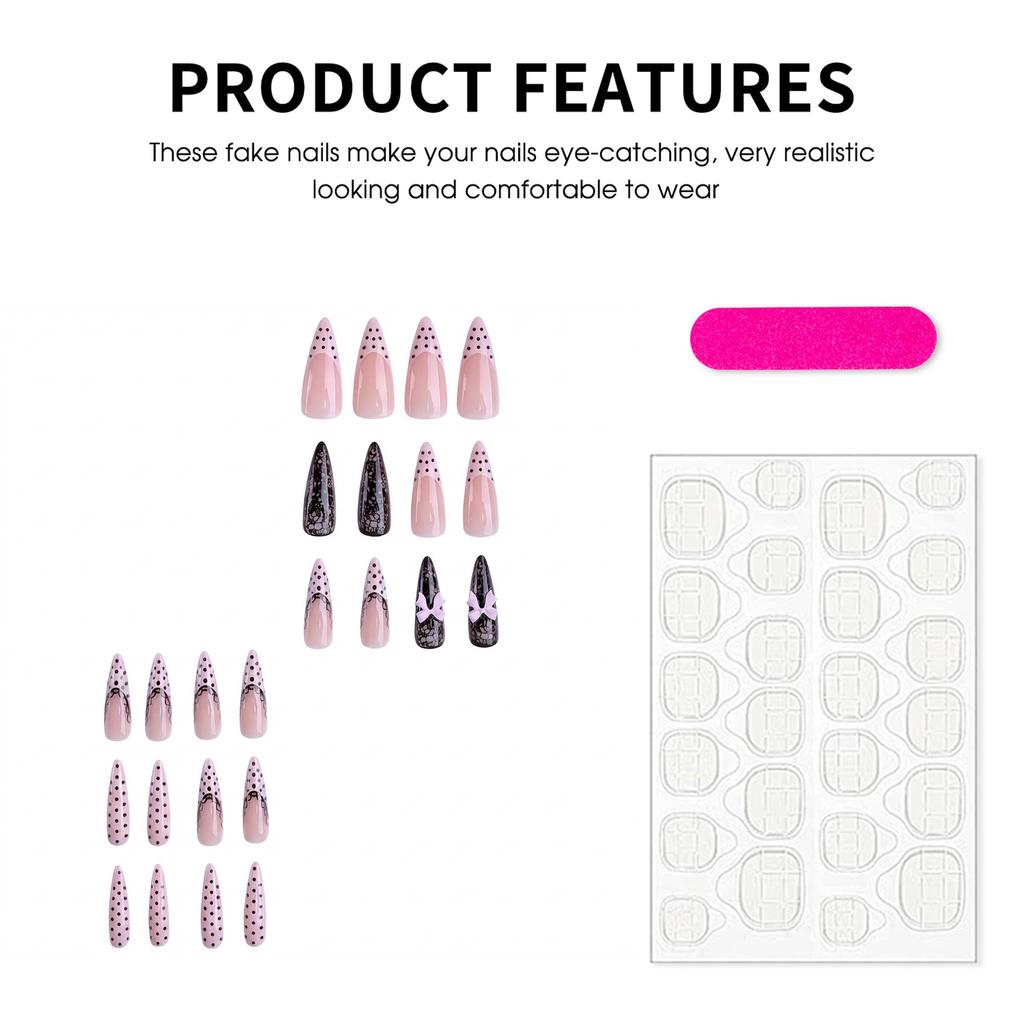False Nails 24 Pieces Black Polka Dot Lace French Almond Elegant Design for Party Wedding