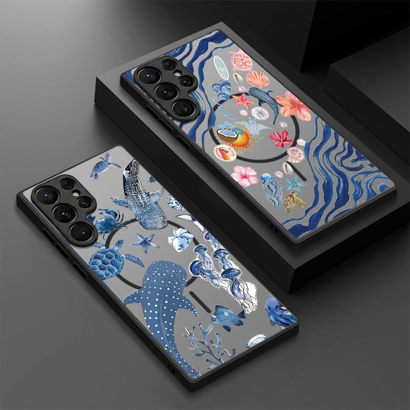 Magnetic For Magsafe Case For Samsung Galaxy S26 Ultra S25 Edge S24 S23 S22 Plus S21 FE Coastline Fish Conch Pattern Hybrid Matte Cover