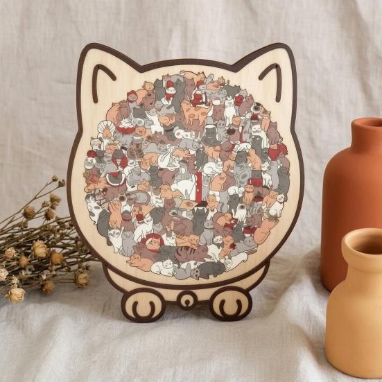 Interactive Family Games Colored Cat Shaped Wooden Jigsaw Puzzle, Creative Desktop Ornament, Unique Animal Shape Intricate Pattern Puzzles Wood