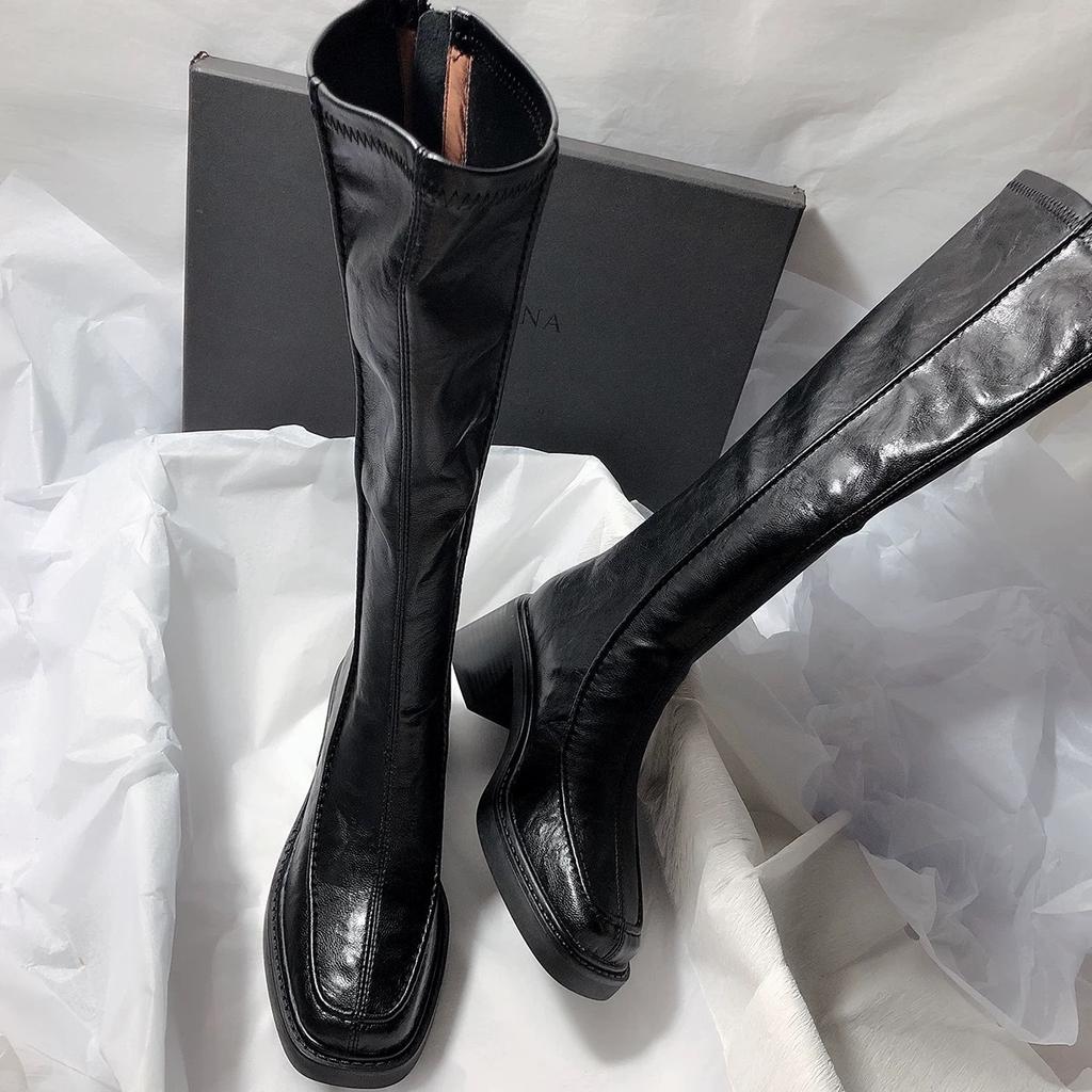 Women Knee High Boots Vintage Thick Heel Fashion Zippers Leather Boot 2026 Autumn Winter Ladies Concise Long Boot Botas De Mujer